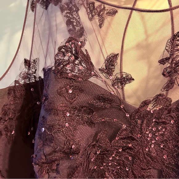 David’s Bridal Plum Lace Formal Gown with sash - Picture 3 of 7